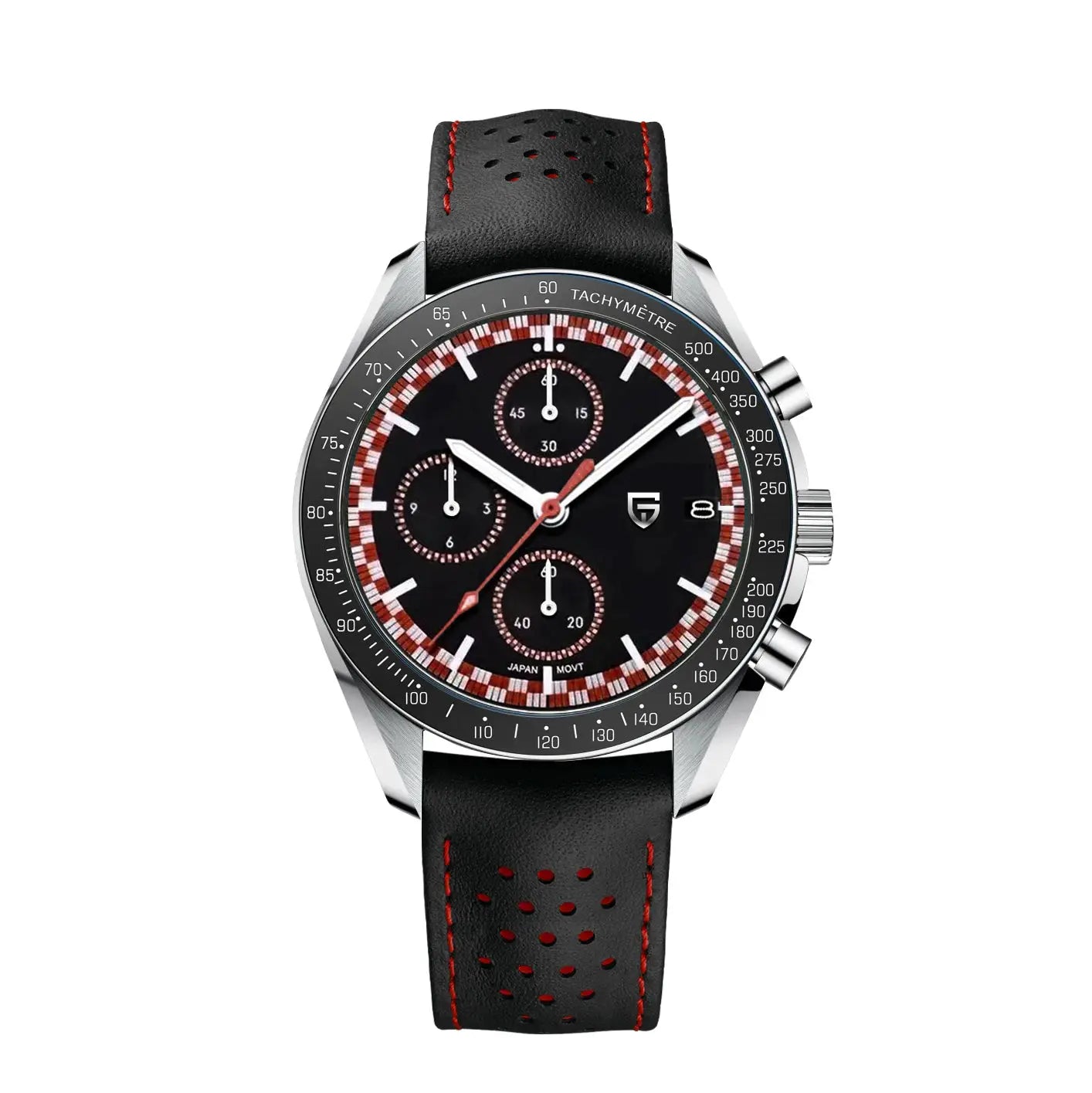 Simples Market PAGANI DESIGN men's sport chronograph watch with black dial, red accents, and perforated leather strap