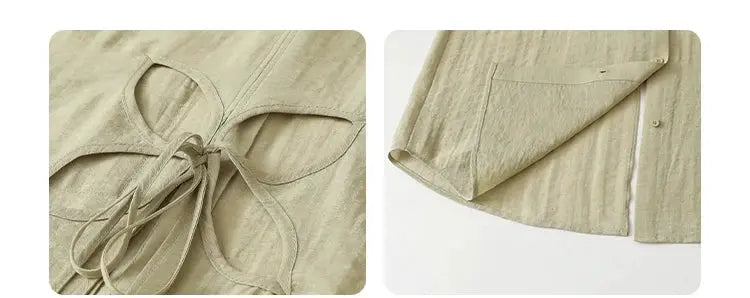 CHIC VEN beige long sleeve shirt with back hollow-out lace-up detail, linen-look fabric