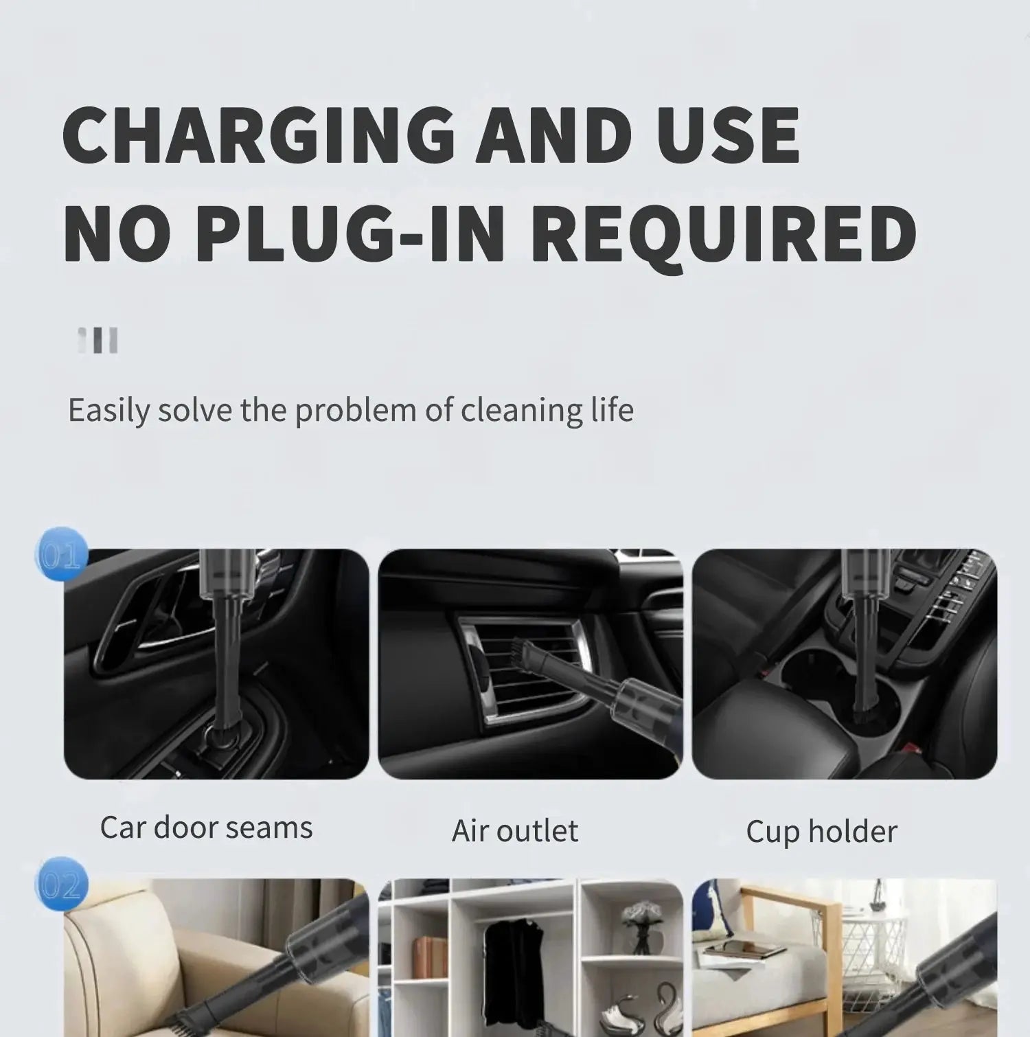 CENRR 98000PA wireless car vacuum cleaner, handheld with strong suction; three car interior views shown