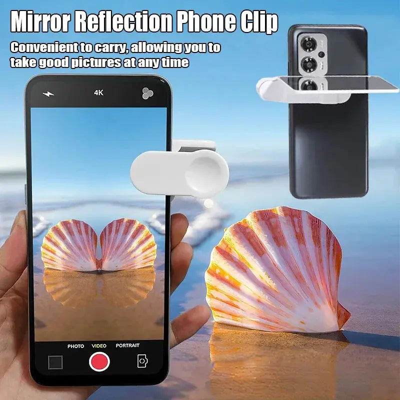 Mirror reflection phone clip by Simples Market, white portable camera reflector for outdoor photography.
