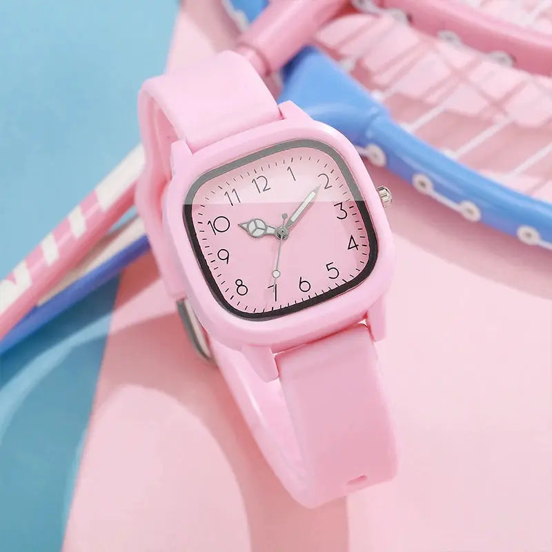 Pink silicone-band women's quartz watch with pink square dial and Arabic numerals, Simples Market