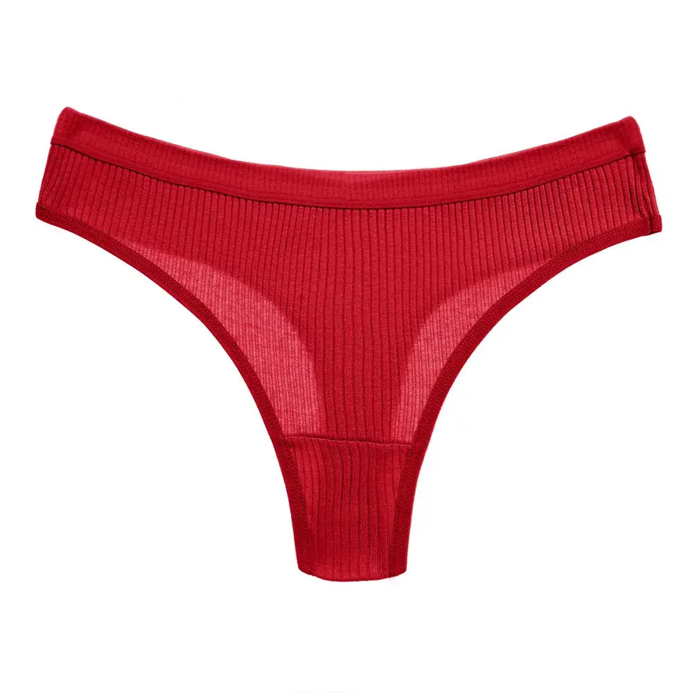 Red ribbed cotton women's thong underwear (G-string) featuring breathable fabric and a snug, comfortable fit.