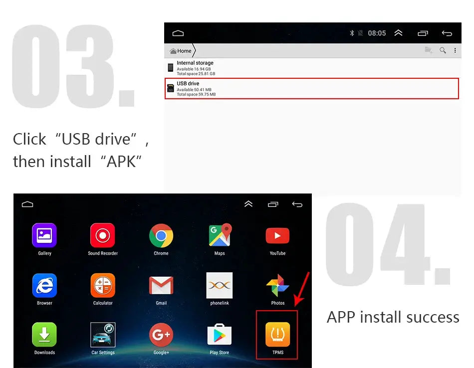 TPMS tire pressure monitoring system with 5 sensors; Android USB setup shown, APK install and TPMS app icon