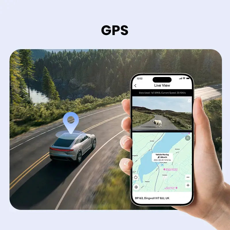DDPAI Dash Cam Z50 Pro 4K UHD with built-in GPS and 3-inch IPS display, car on winding road with phone map view