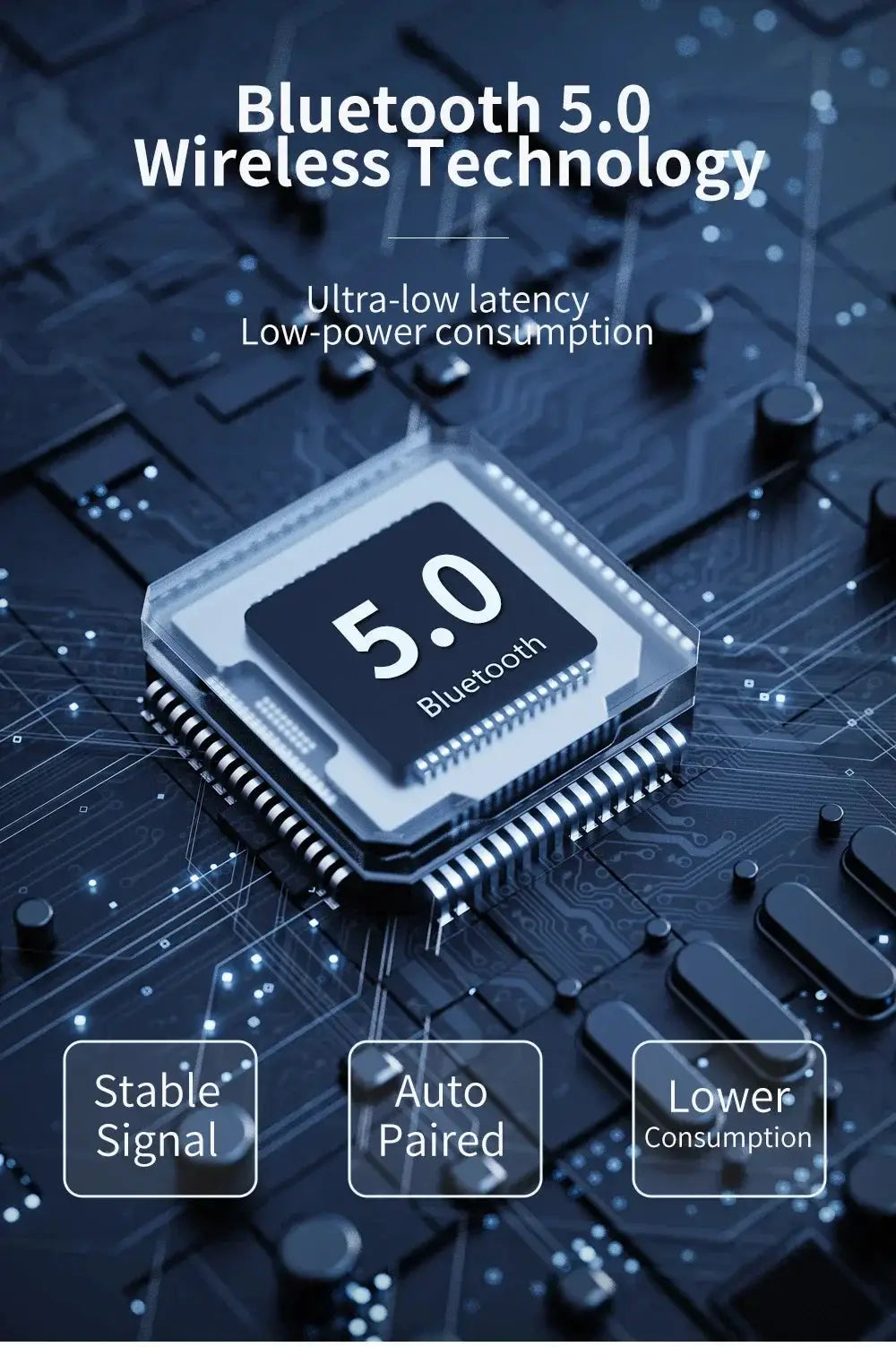 Bluetooth 5.0 chip on blue circuit-board background, high-tech audio technology graphic