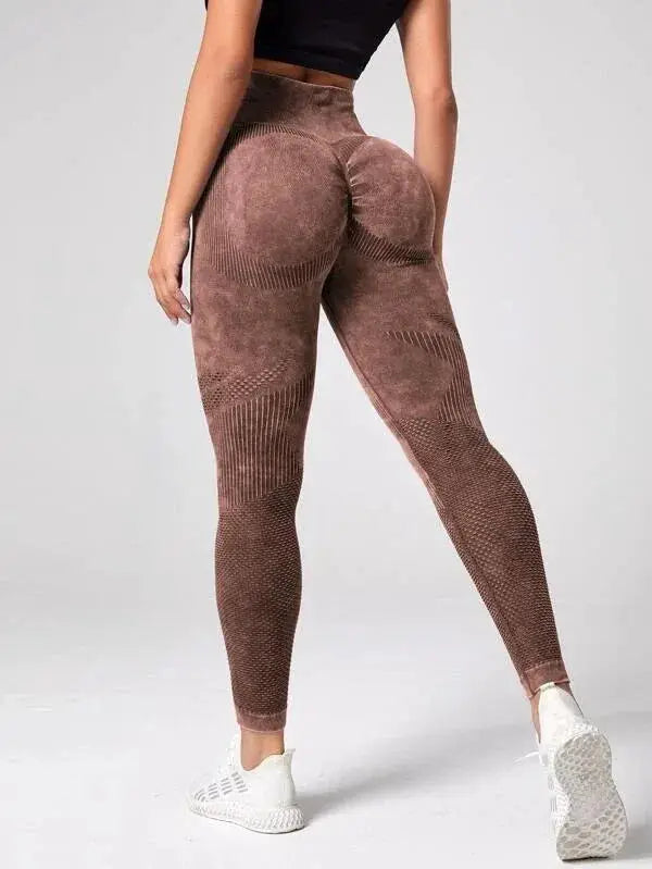Ladies' brown high-waisted yoga leggings with contour seams and butt-lifting design