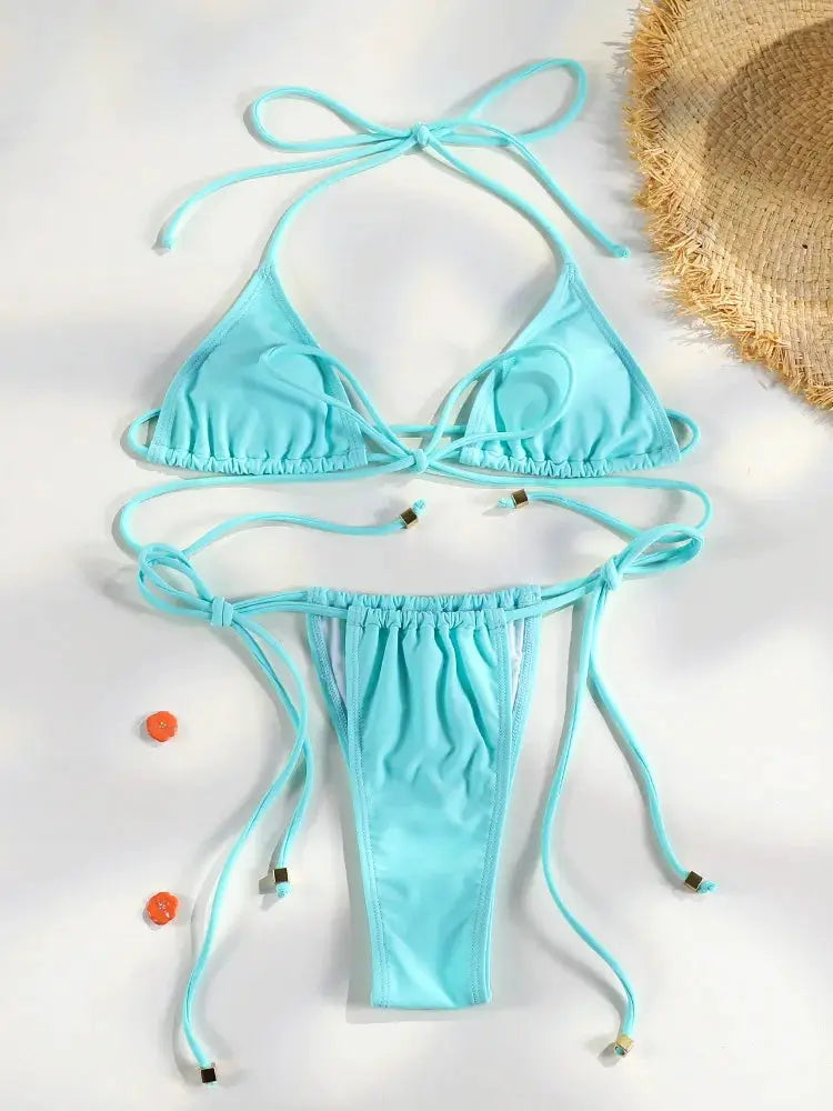 Sexy Triangle Bikini Set For Women Micro Thong Swimsuit Bandage Beachwear With Print Bathing Suit