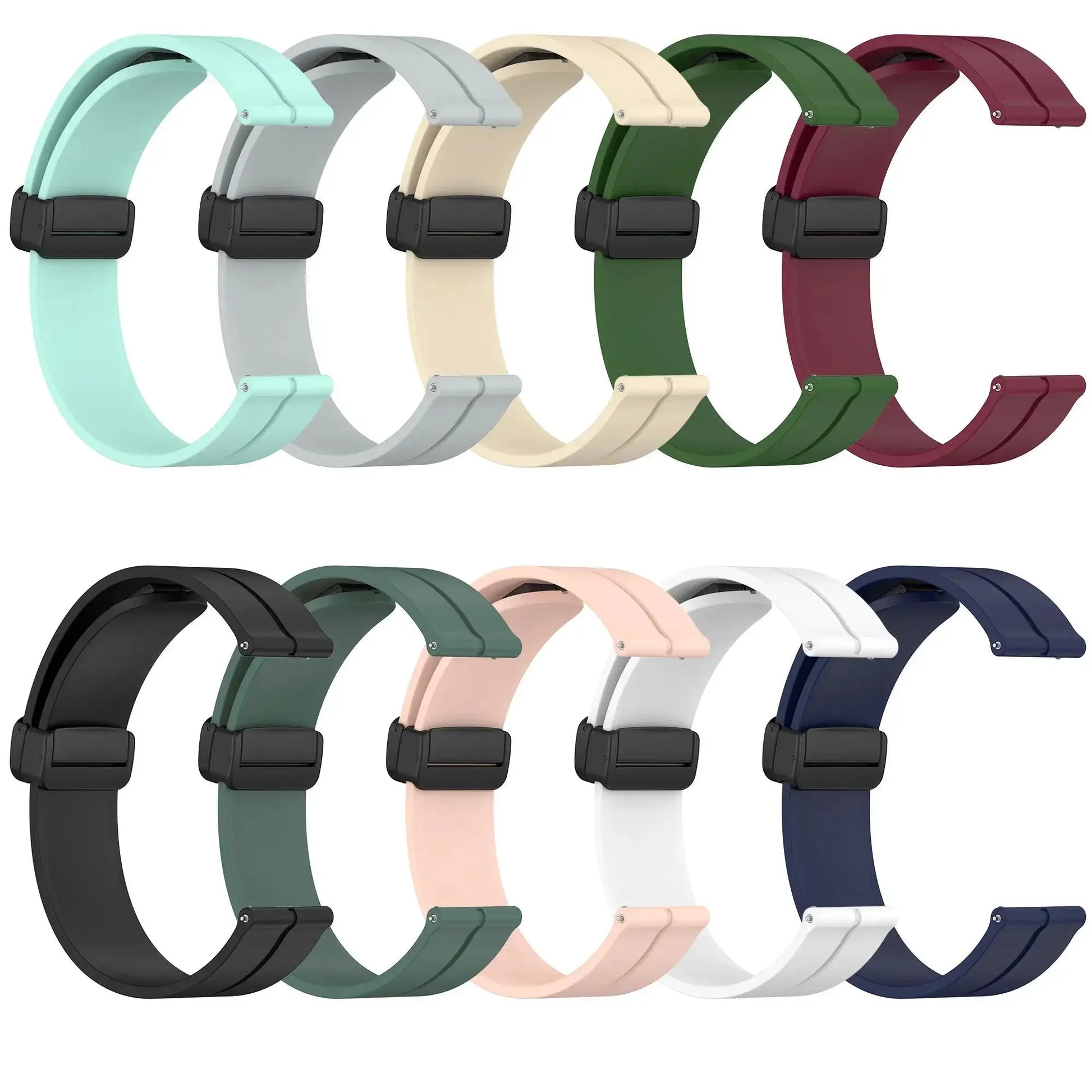 Silicone 20/22mm sport watch bands in assorted colors with magnetic buckles for Samsung Galaxy Watch series and Huawei GT.