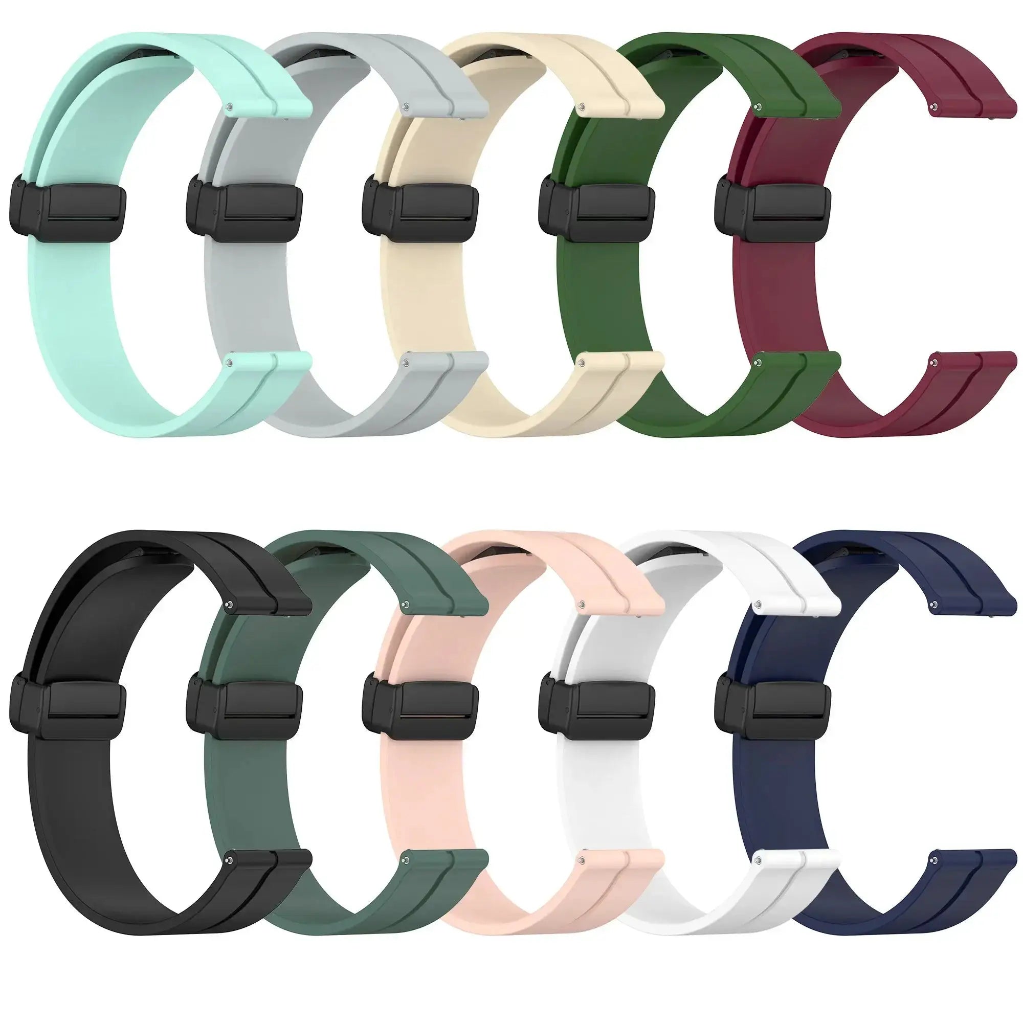Silicone 20/22mm sport watch bands in assorted colors with magnetic buckles for Samsung Galaxy Watch series and Huawei GT.