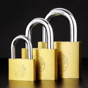 Three copper padlocks with silver shackles in small, medium, and large sizes (20–50mm) for luggage and home use, including 3 keys