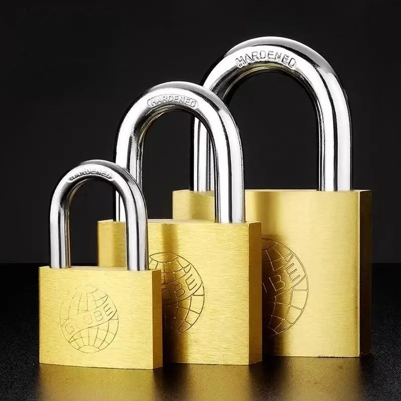 Three copper padlocks with silver shackles in small, medium, and large sizes (20–50mm) for luggage and home use, including 3 keys