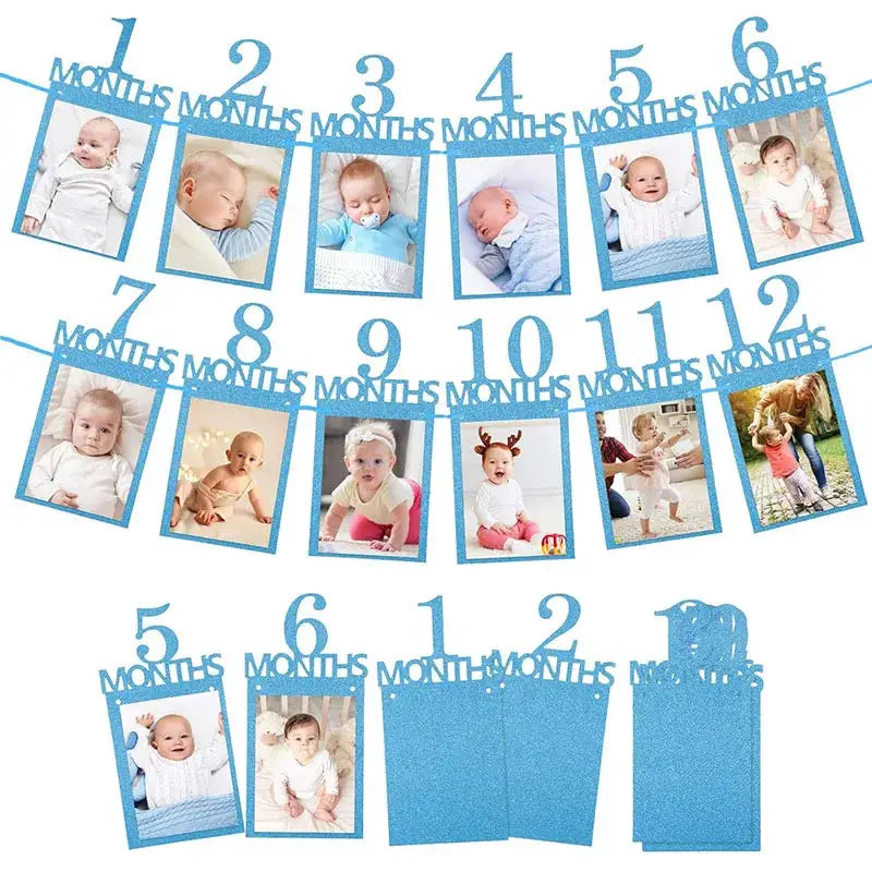 Baby First Birthday Banner Growth Record 1-12 Months Kraft Paper Photo Props For Baby Boy Or Girl Party Decoration
