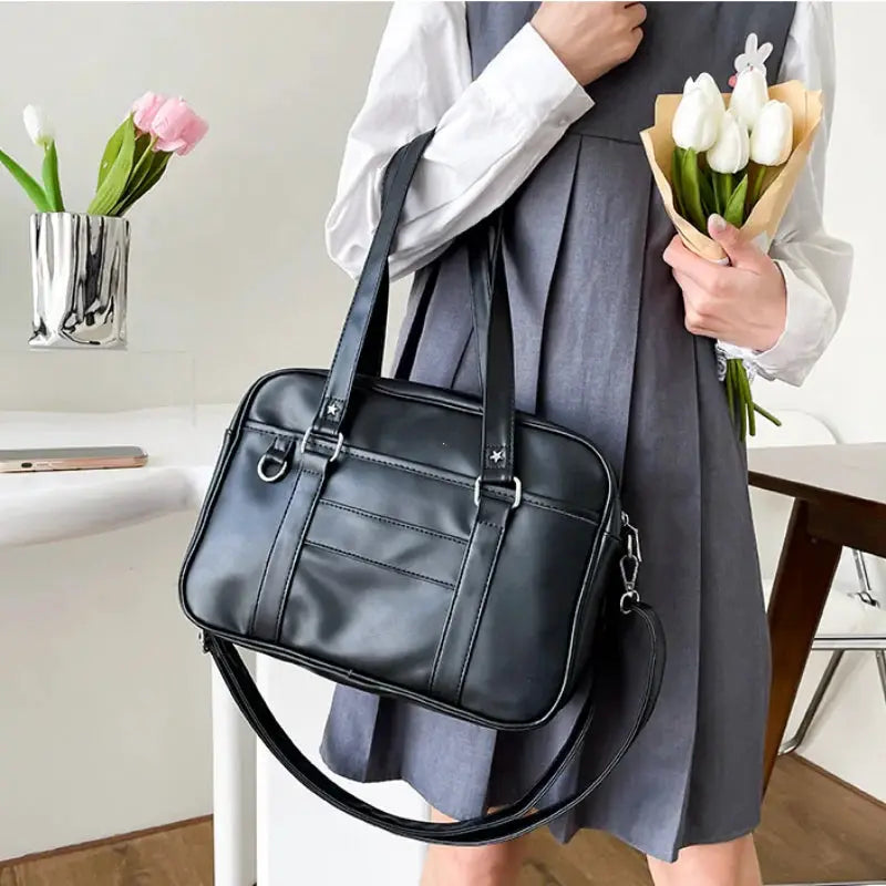 Japanese Style JK Bag black PU leather shoulder bag with dual top handles and crossbody strap
