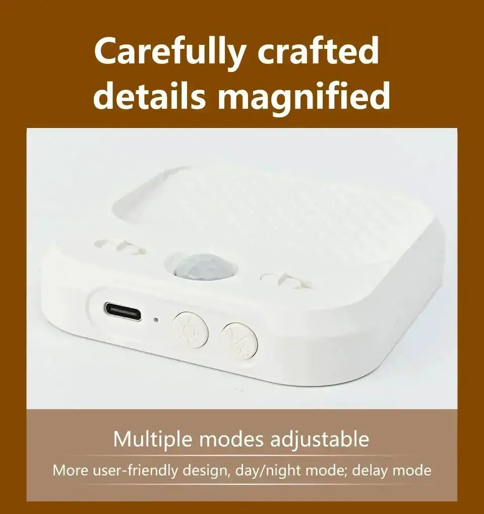 Motion sensor LED night light, white rechargeable with magnetic stick-on base and USB-C port.