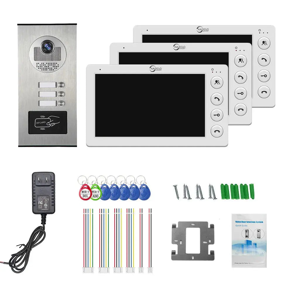 ANJIELO 3-unit video intercom system for apartments with RFID unlock; includes outdoor panel and three indoor monitors.