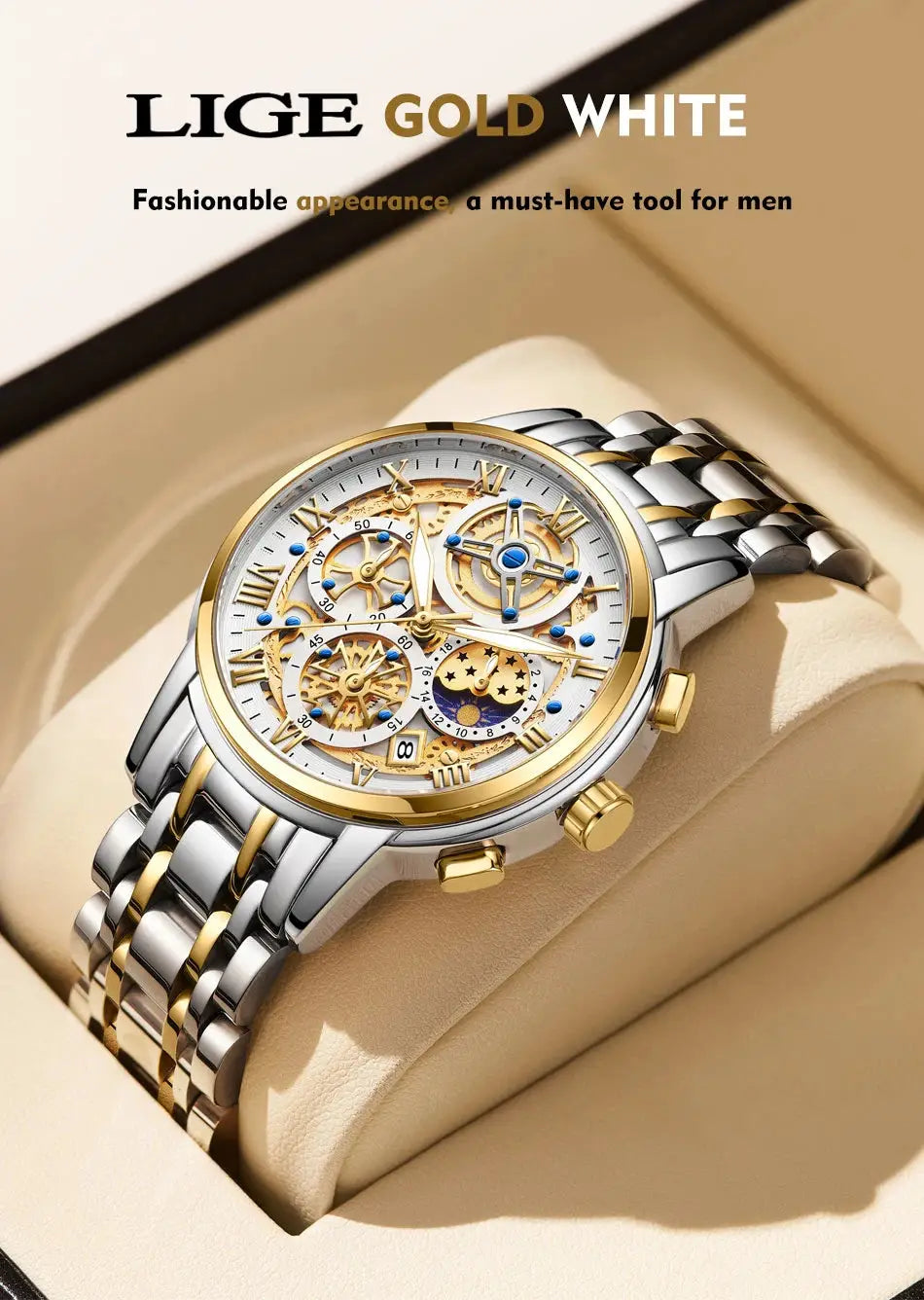 LIGE men's two-tone gold and silver stainless steel watch with skeleton dial
