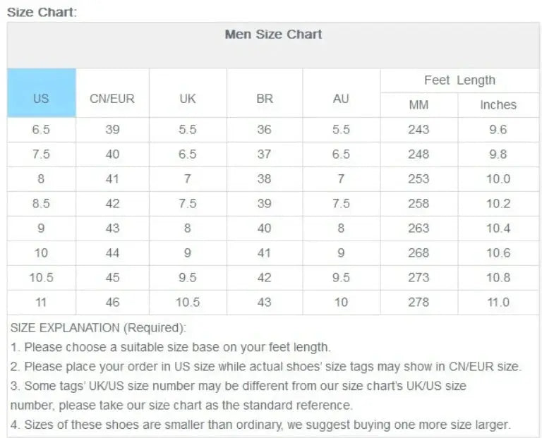Men's casual sneakers size chart showing US sizes 6.5–11 with EU/UK/BR/AU sizes and foot lengths in mm and inches