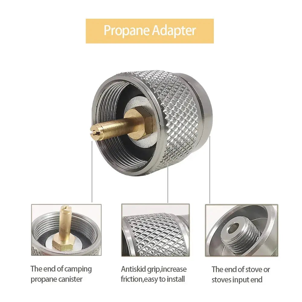 3-piece camping propane stove adapter set with knurled silver body and brass valve connector