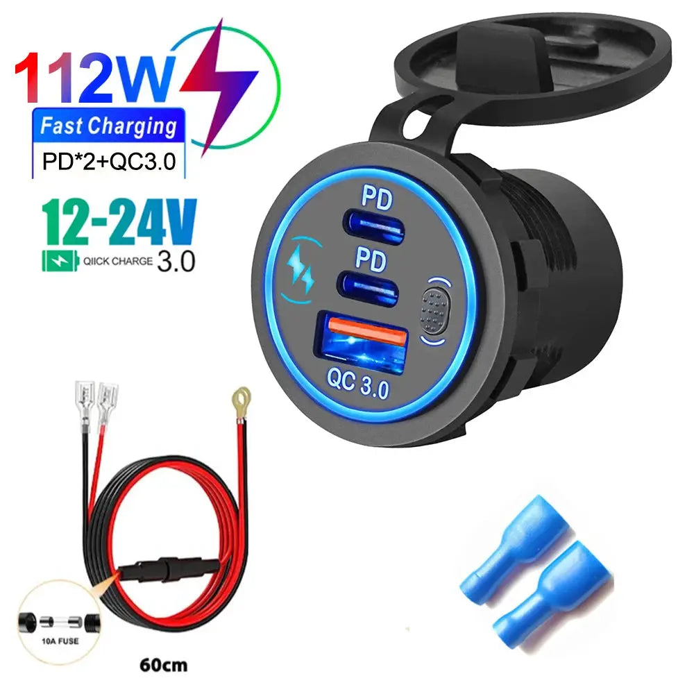 Velev 78W PD3.0 QC3.0 Dual USB C Ports Car Charger Socket Waterproof With LED Touch Switch 12V/24V For Moto