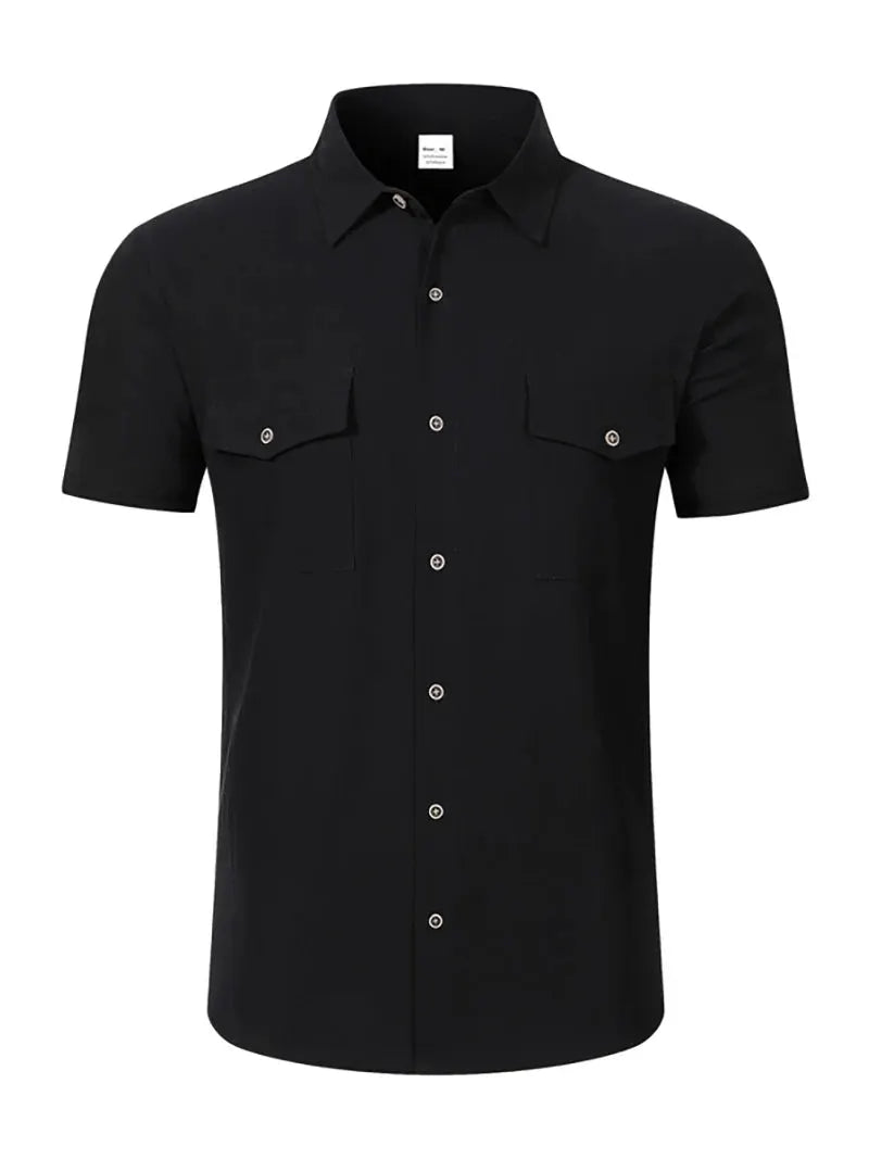 Men's Linen Button Up Short Sleeve Shirt in black with dual chest pockets