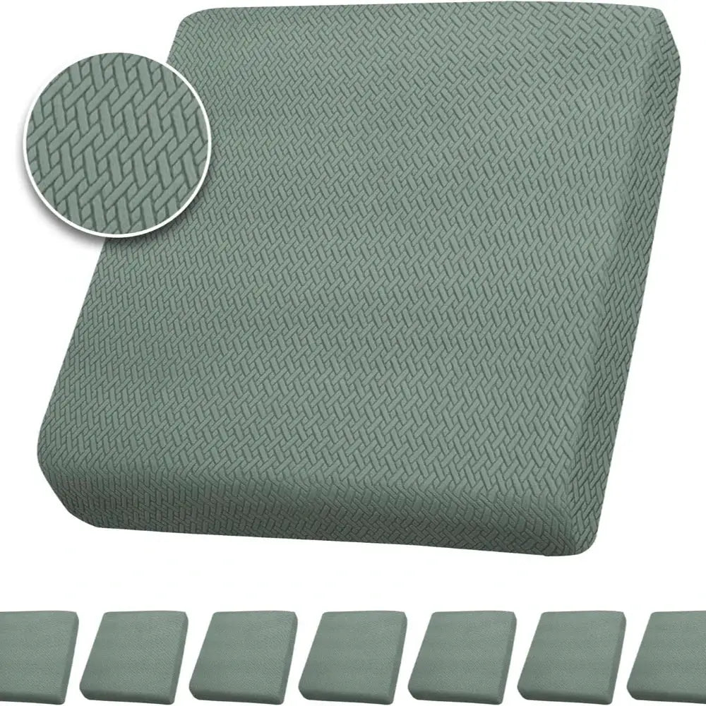 Simples Market outdoor sofa cushion covers in sage green, waterproof stretch slipcovers with woven pattern