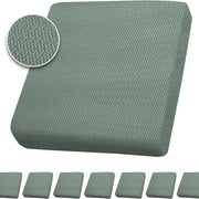 Simples Market outdoor sofa cushion covers in sage green, waterproof stretch slipcovers with woven pattern
