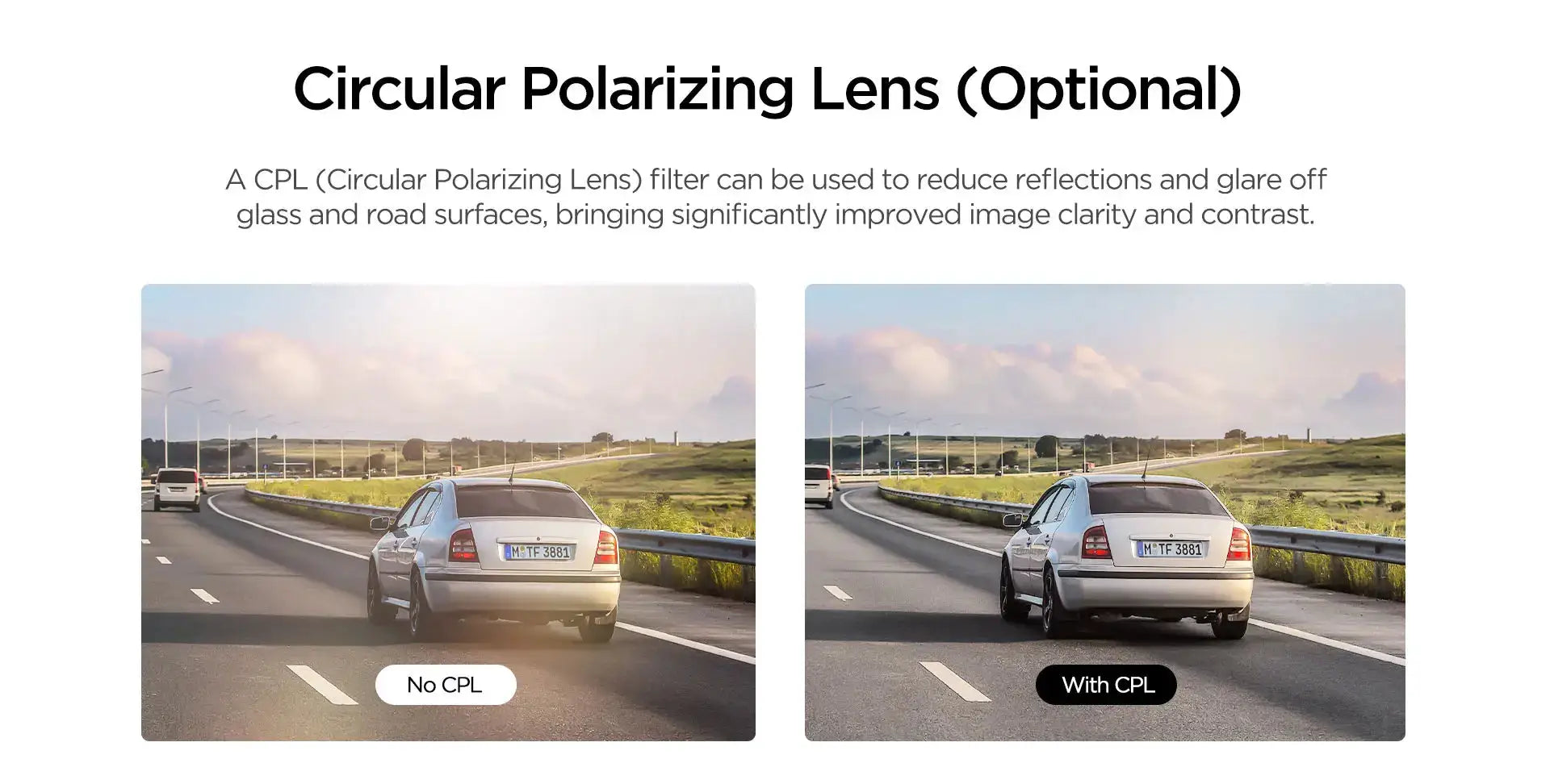 VIOFO A229 Plus dash cam: side-by-side CPL comparison, left shows No CPL, right shows With CPL.