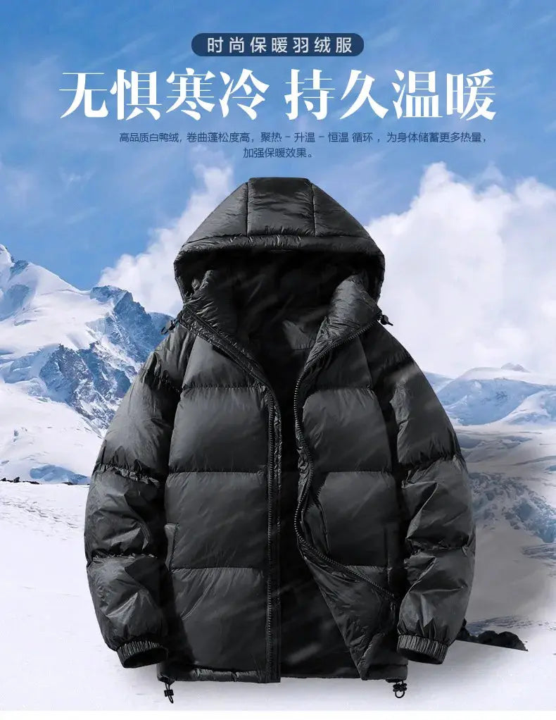 Men's black hooded down coat with 90% white duck down, warm winter puffer jacket