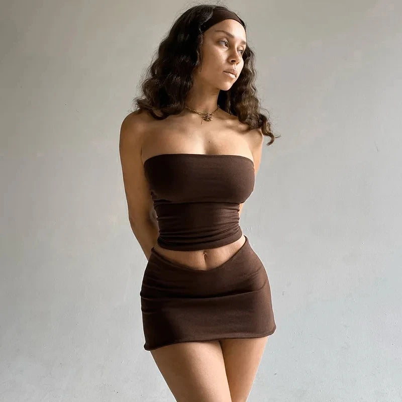 Hawthaw Women 2024 Summer Two Piece Tube Top And Mini Skirt Set
