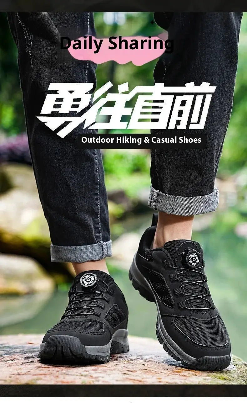 Men's black outdoor hiking shoes with rotating buckle closure and anti-slip sole