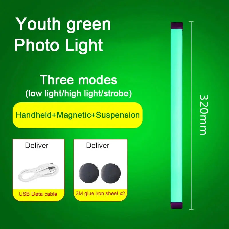 RGB LED night light with green 320mm tube, rechargeable for bedroom decor