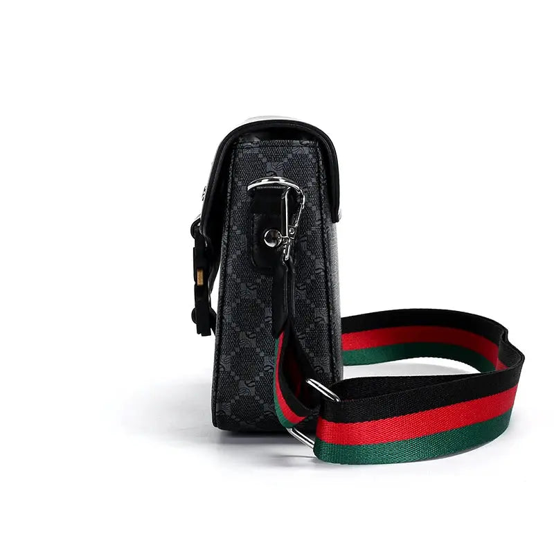 Crossbody bag for men with jacquard pattern, Simples Market, black/gray fabric and red-green striped strap