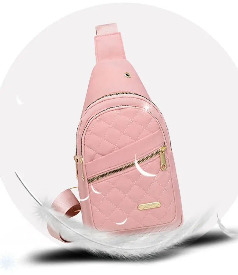 Minimalist large-capacity pink quilted chest bag with crossbody strap and gold hardware by Simples Market