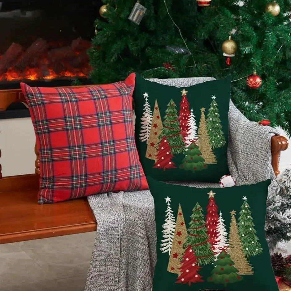 Set of 3 Christmas pillow covers; 45x45cm, red plaid and green tree-themed designs