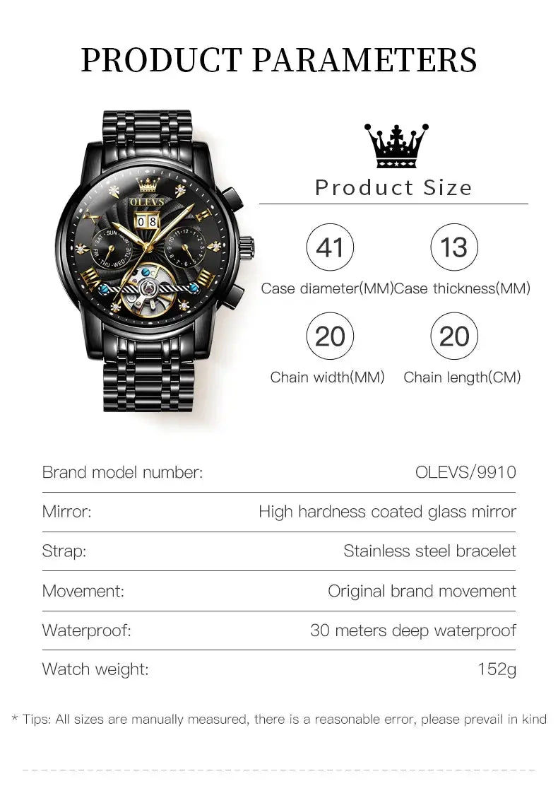 OLEVS men's tourbillon automatic watch with black stainless steel bracelet and multi-function dial