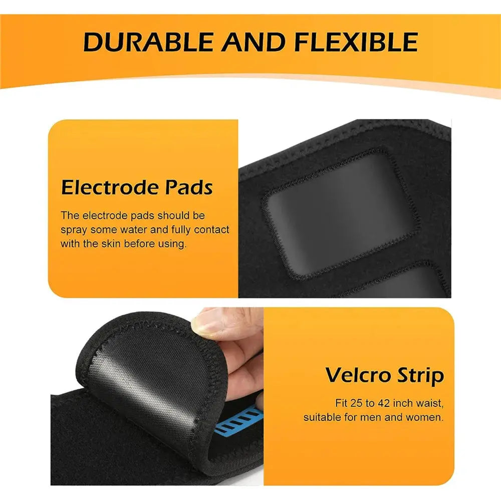 EMS belt massage set with black Velcro strap and electrode pads for abdominal training; USB charging.