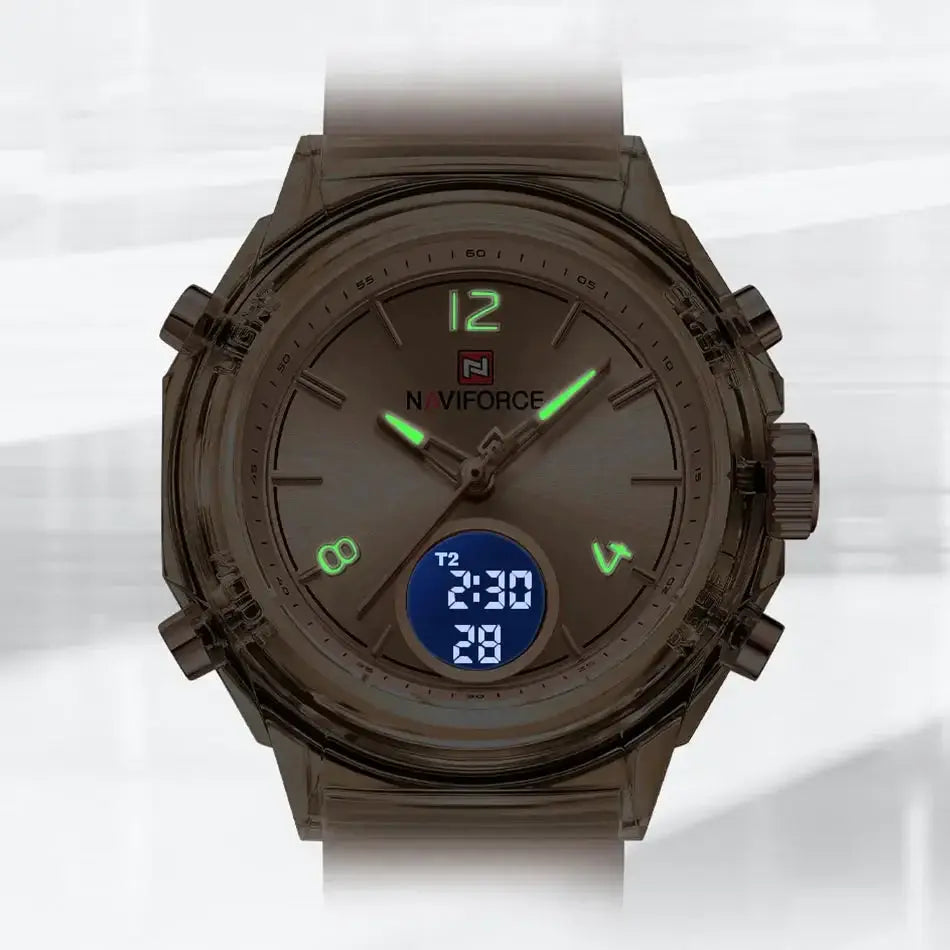 NAVIFORCE women's sport watch with rubber strap, brown case, dual-time display and blue digital subdial.