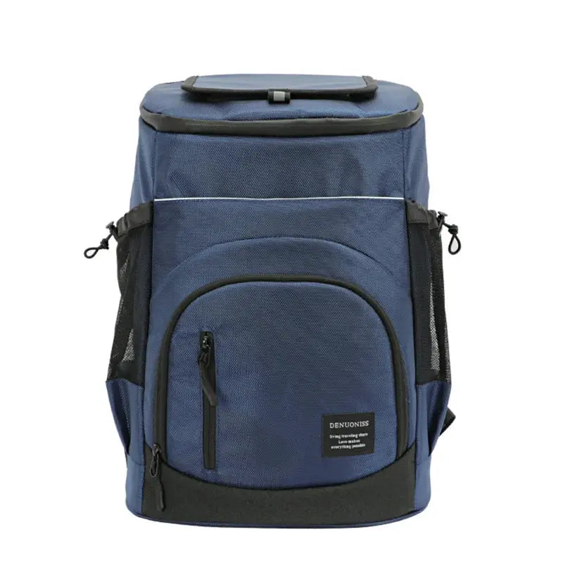 Simples Market blue insulated cooler backpack, 30L, with front zip pocket and side mesh pockets