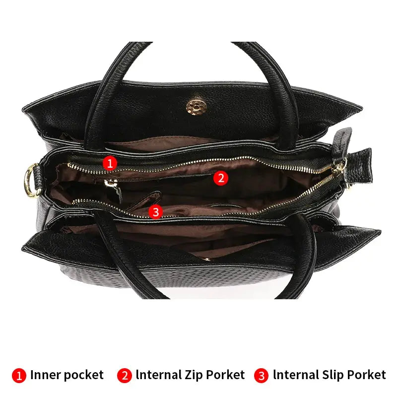 Simples Market black woven cowhide handbag with top handles and three interior pockets (inner, zip, slip).