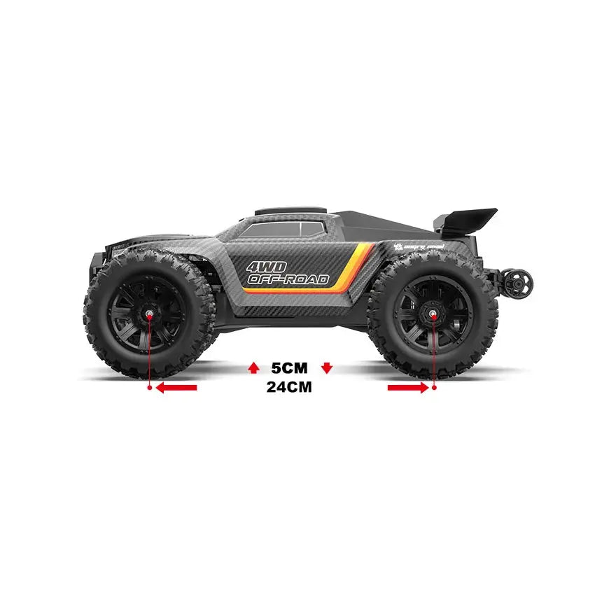 MJX 1:12 RC monster truck, black carbon body with orange stripe, 4WD off-road