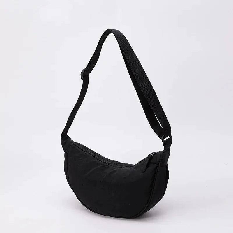 Simples Market nylon crossbody bag, crescent dumpling shape, black with adjustable strap, large capacity