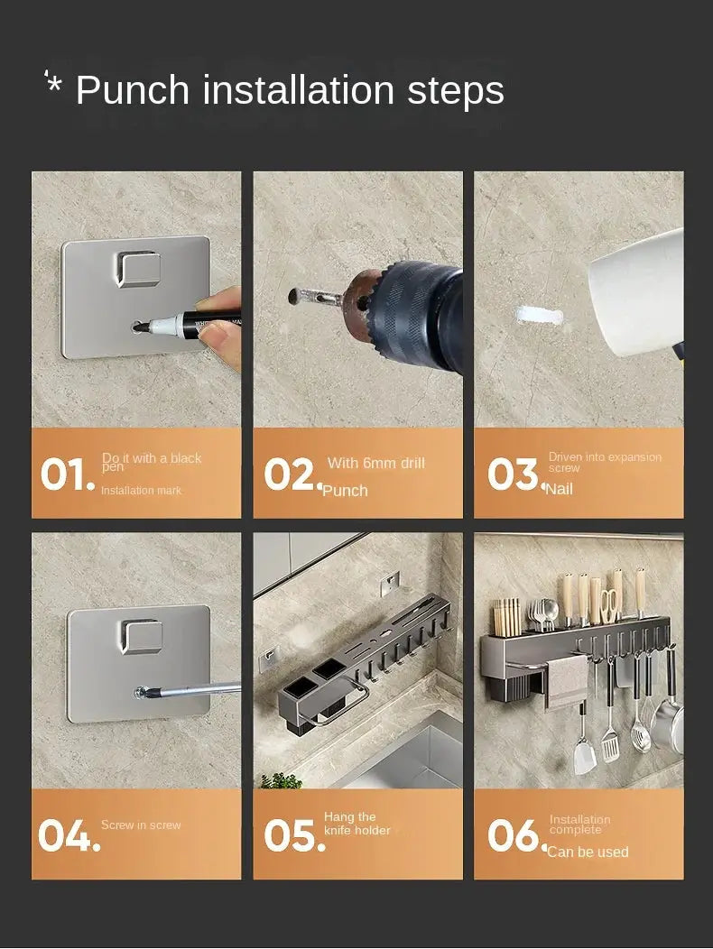 Tool-free Kitchen Shelf by Simples Market; wall-mounted knife and utensil holder with six-step installation