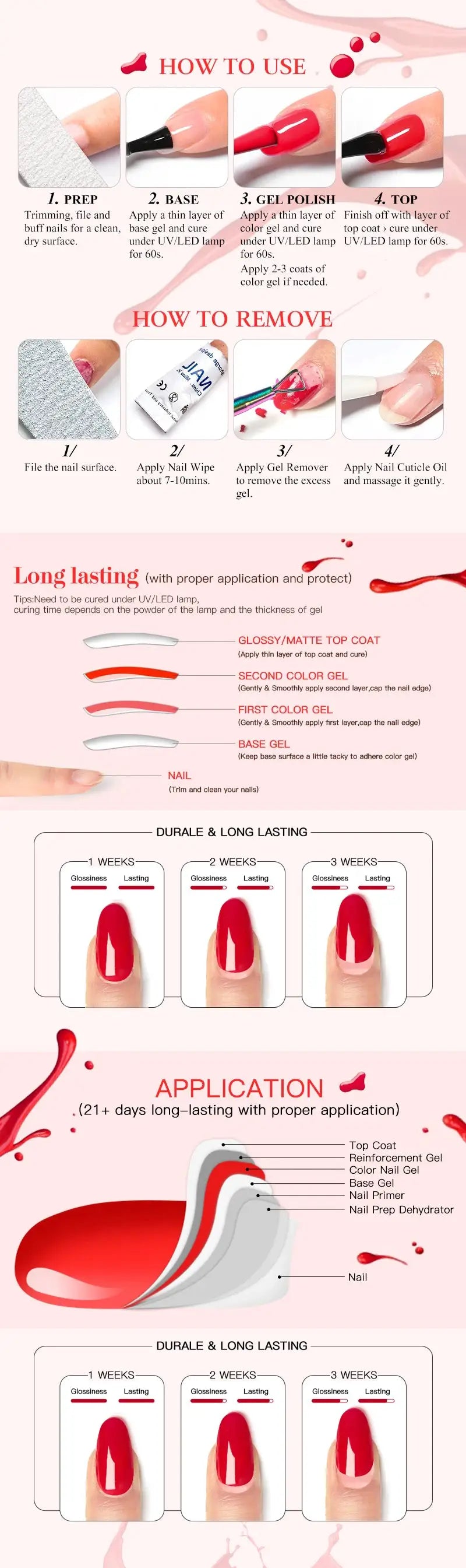 Simples Market 2/6-pc gel nail polish set with red glitter sequins and base/top coats for UV/LED nails