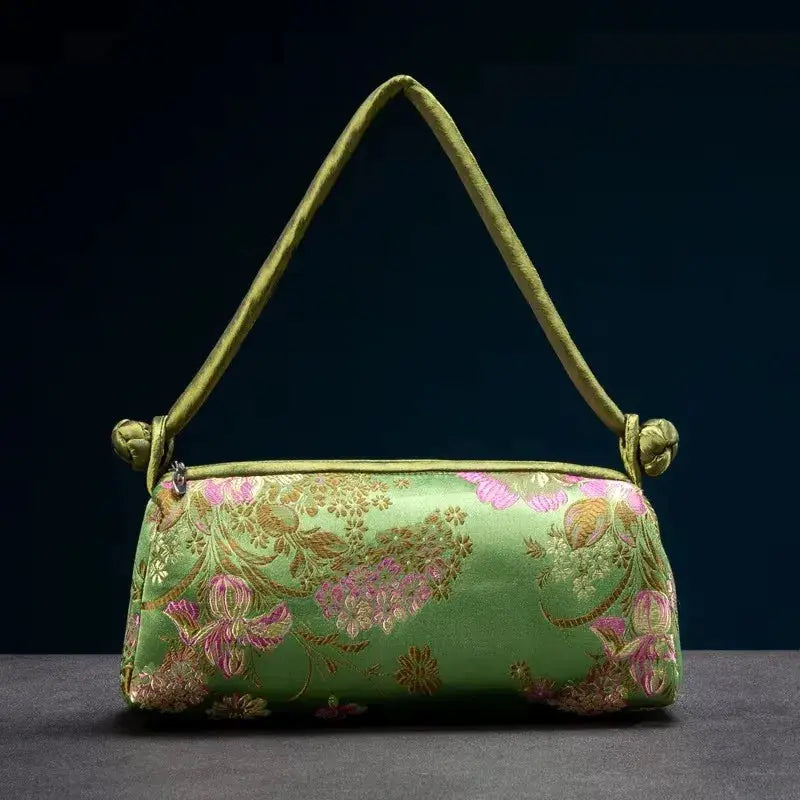 Shoulder bag for women, green satin with gold-embroidered floral pattern, Simples Market.