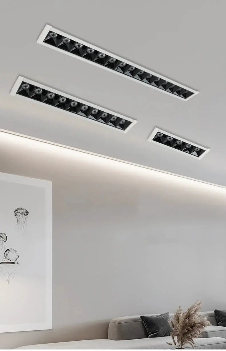 Simples Market LED rectangular recessed downlight grille set, white frames with black interiors, ceiling-mounted (three units)