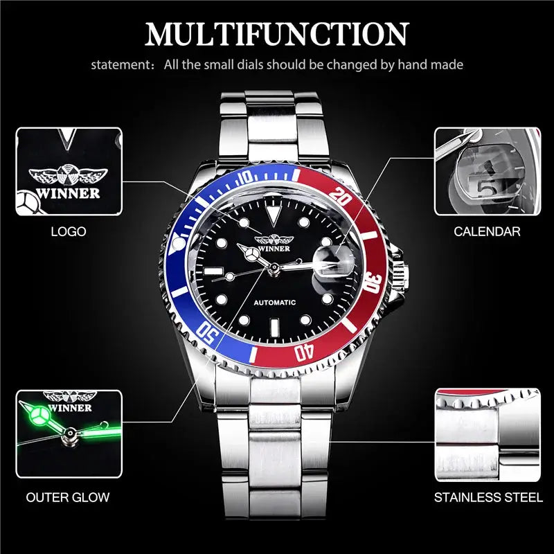 Winner 002 Automatic Mechanical Wristwatch Luminous Hands And Date Display Stainless Steel And Leather Strap For Men