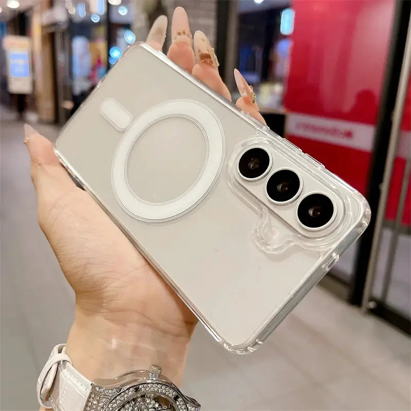 Clear MagSafe case for Samsung Galaxy phones with circular magnetic ring; transparent back.