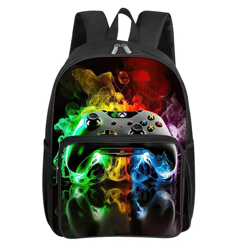GamePad pattern backpack with black body and colorful game controller print front zip pocket for kids.