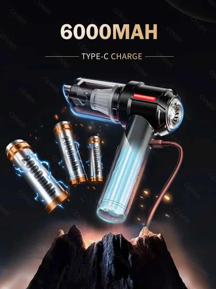 CENRR car vacuum cleaner mini, cordless handheld with 6000mAh Type-C charge and three 2000mAh batteries