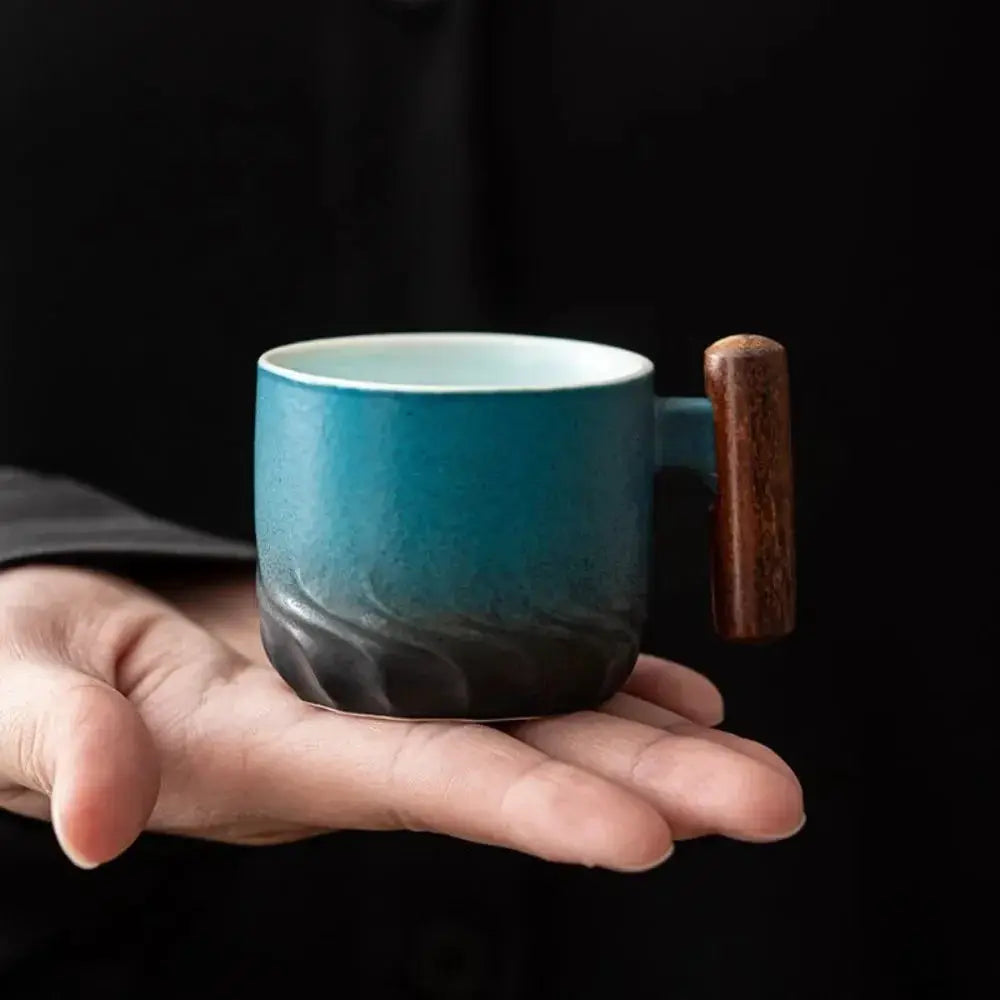 ArtisanCraft 80ml Ceramic Retro Coffee Cup With Wooden Handle Handmade Tea Mug Gift For Home